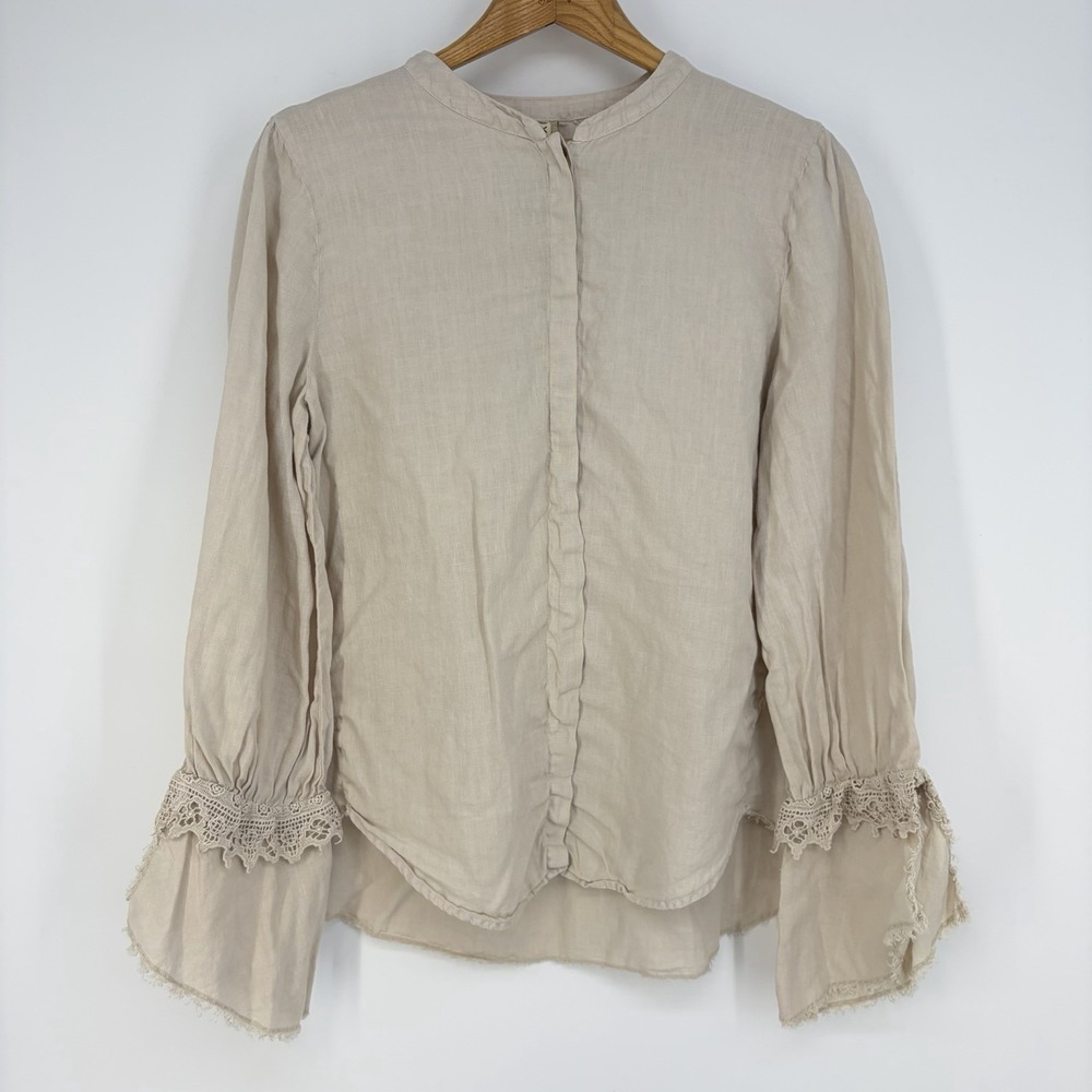 XCVI Button Up Shirt XS Beige Tan Linen Long Bell Sleeve Minimalist Timeless